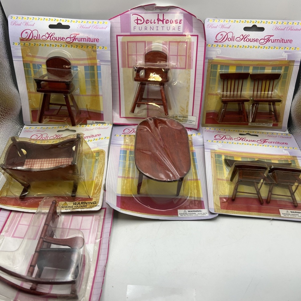 Dollhouse Wood Furniture , High Chairs, Table, 4 Chairs, Cradle , Table 7 Pieces